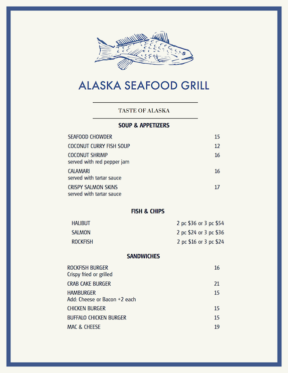 Alaska Seafood Grill 2023 Menu